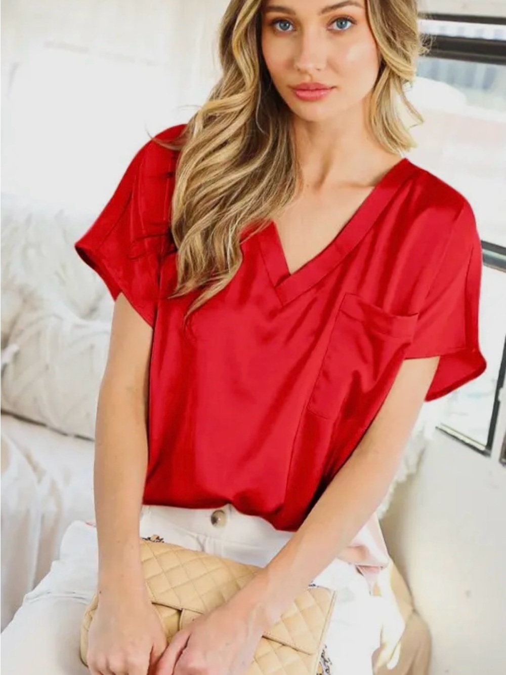 NWT Boxy V-Neck Blouse Front Pocket Short Sleeve Top – Red - Size Large
